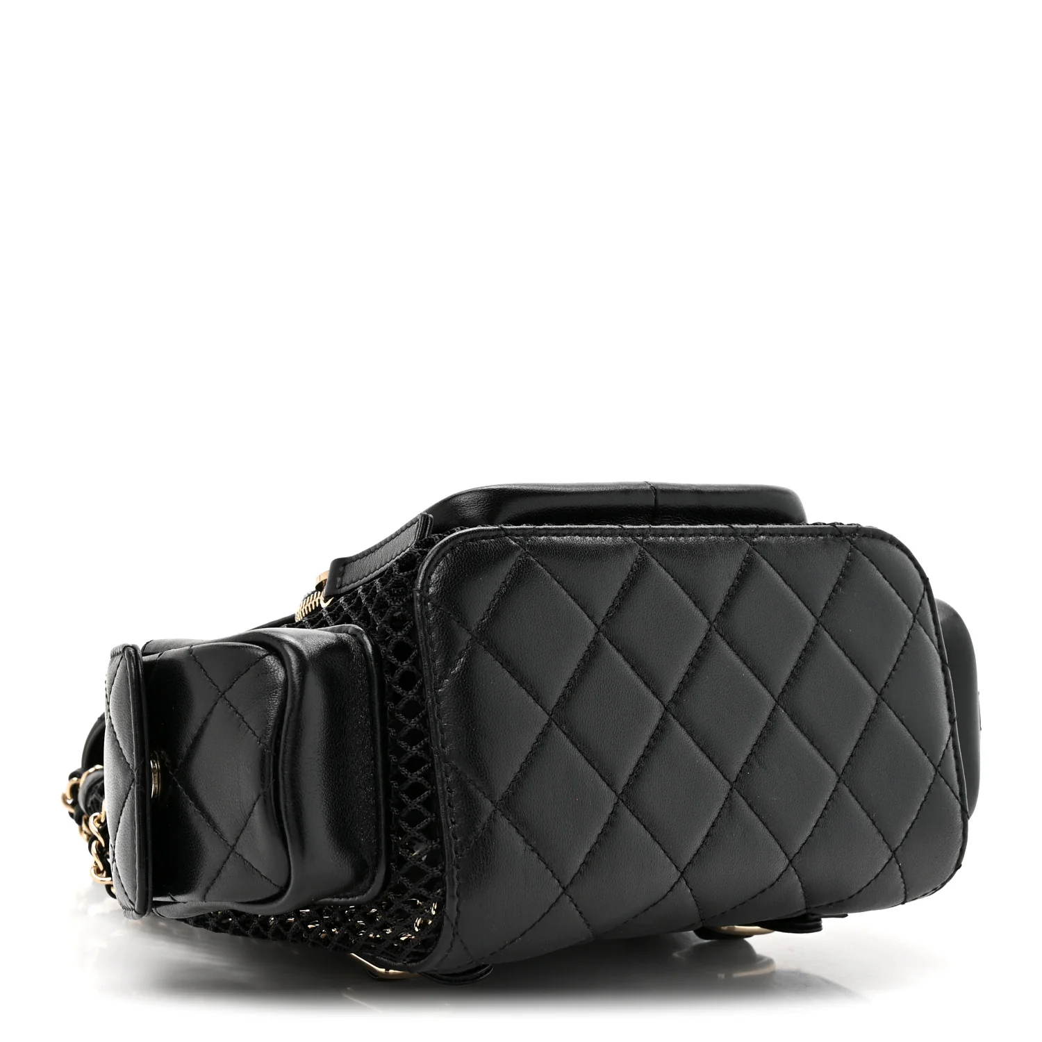 Shiny Lambskin Mesh Quilted Small Cargo Duma Drawstring Backpack Black - Image 4