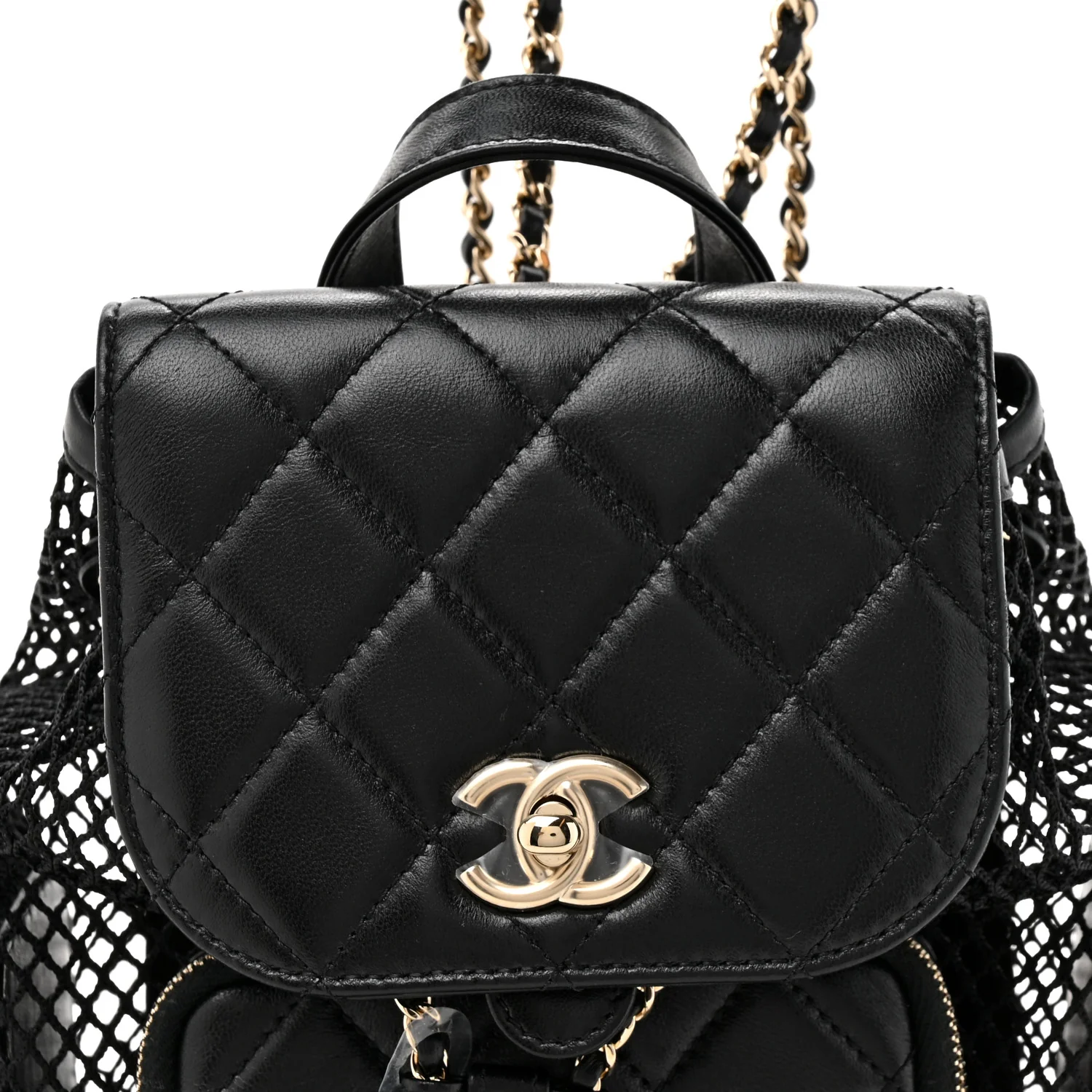 Shiny Lambskin Mesh Quilted Small Cargo Duma Drawstring Backpack Black - Image 8