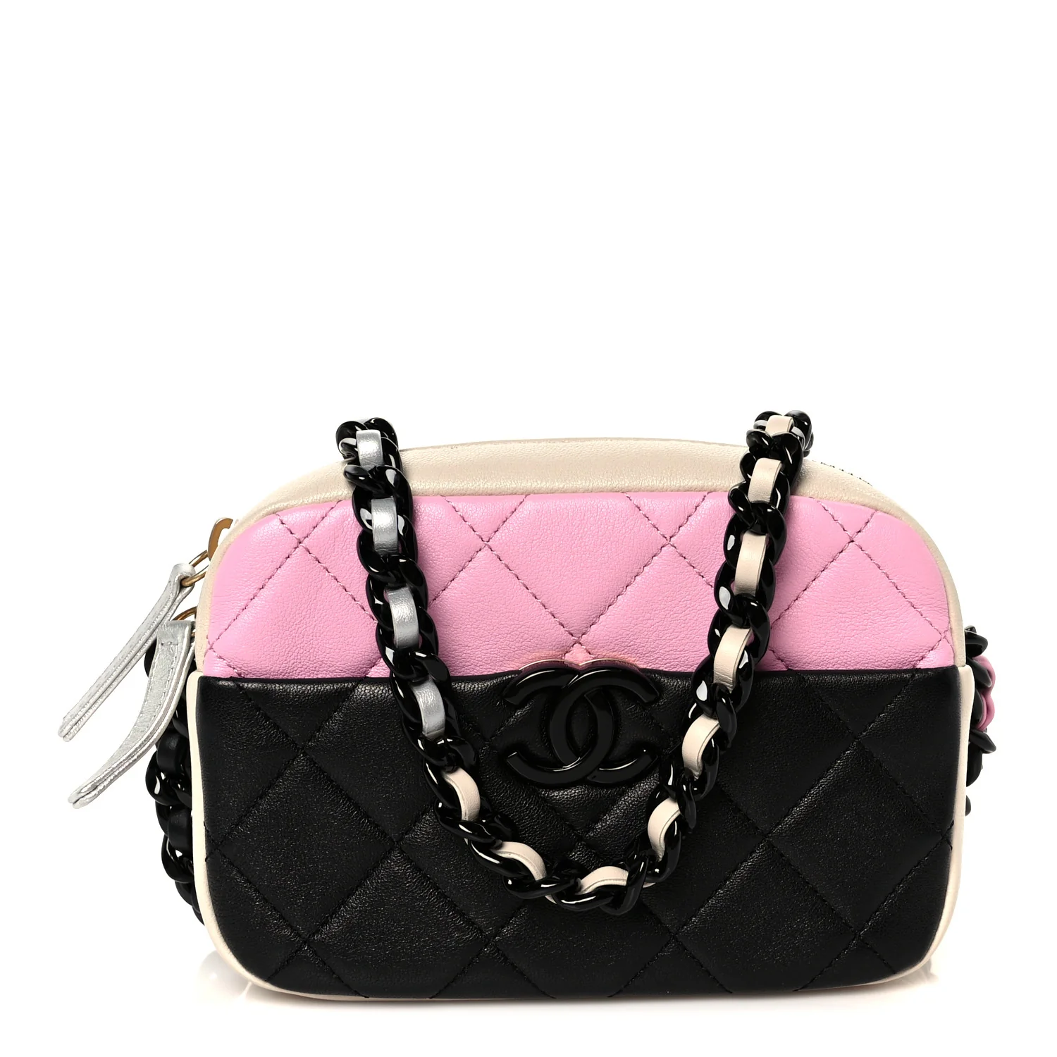 Shiny Lambskin Monochrome Chain Mini Camera Case Bag Pink Black Silver