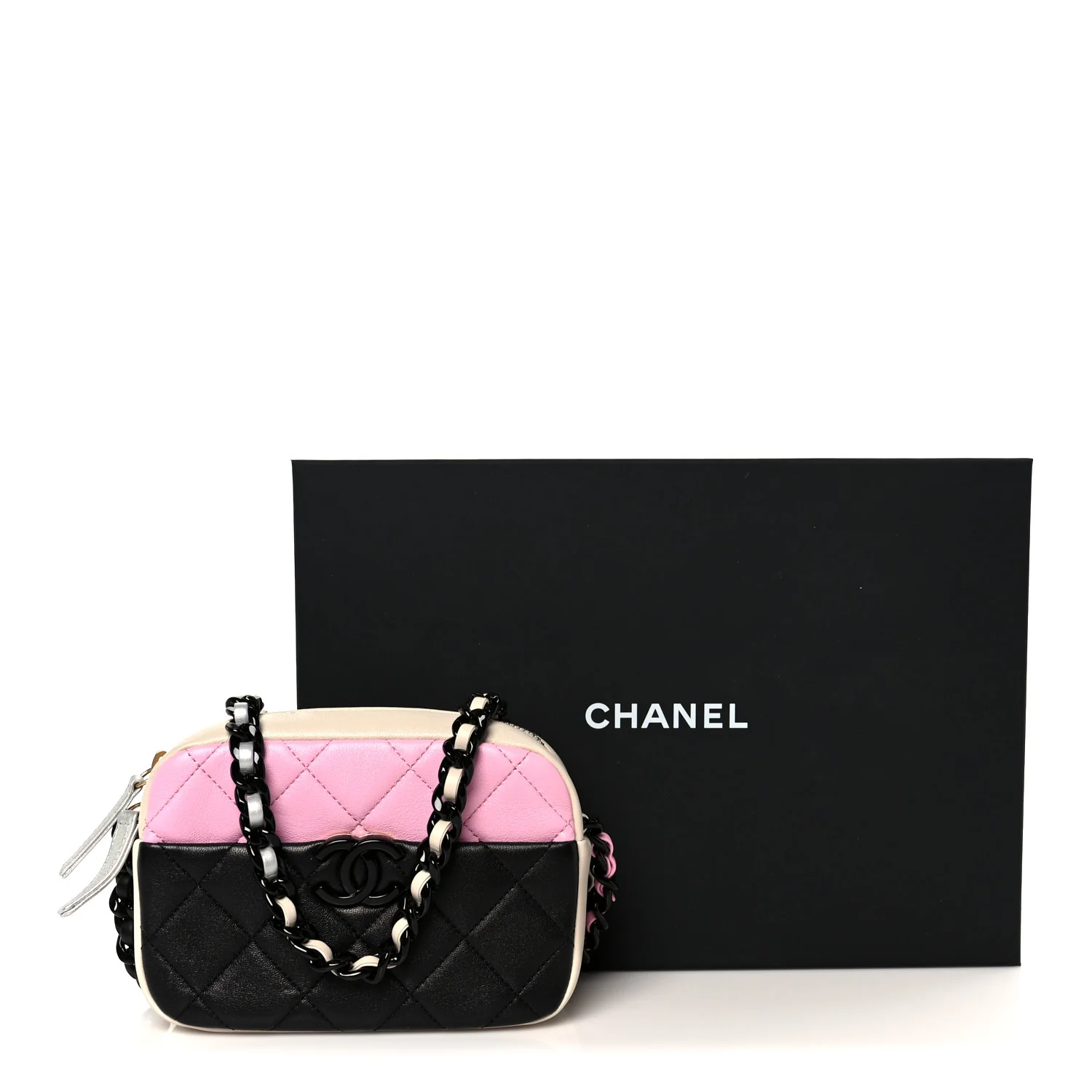 Shiny Lambskin Monochrome Chain Mini Camera Case Bag Pink Black Silver - Image 11