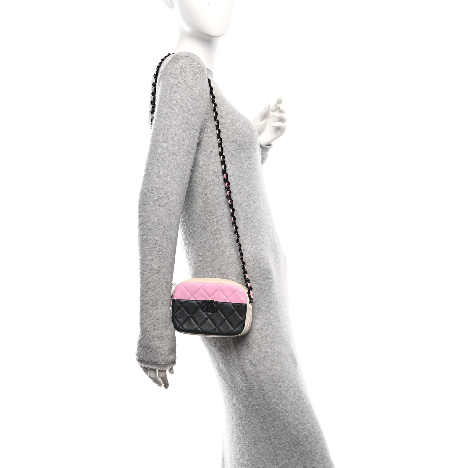 Shiny Lambskin Monochrome Chain Mini Camera Case Bag Pink Black Silver - Image 2