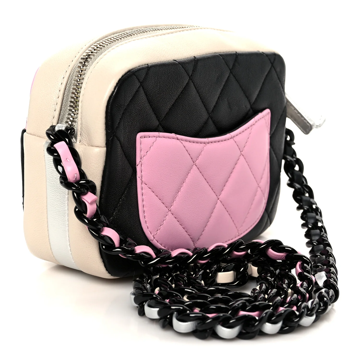 Shiny Lambskin Monochrome Chain Mini Camera Case Bag Pink Black Silver - Image 3