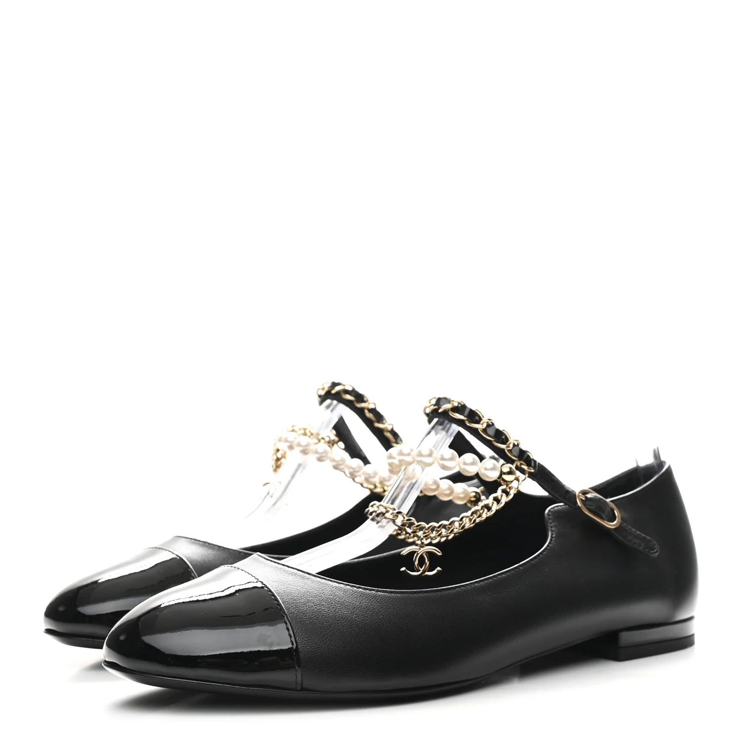 Shiny Lambskin Pearl Cap Toe Ankle Chain Ballerina Flats 37 Black - Image 4