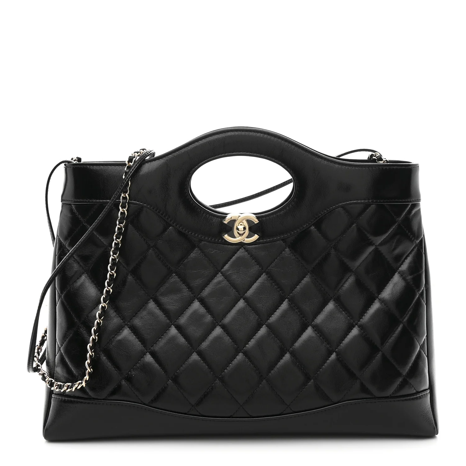 Shiny Lambskin Quilted 31 Shopping Bag Black