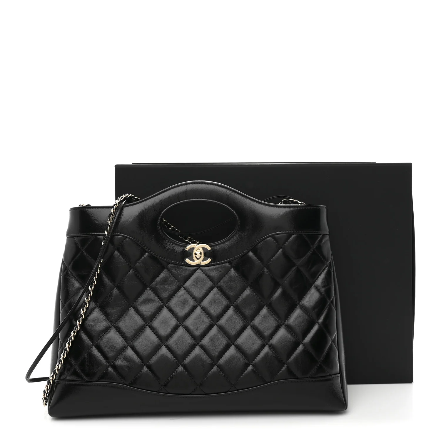 Shiny Lambskin Quilted 31 Shopping Bag Black - Image 11