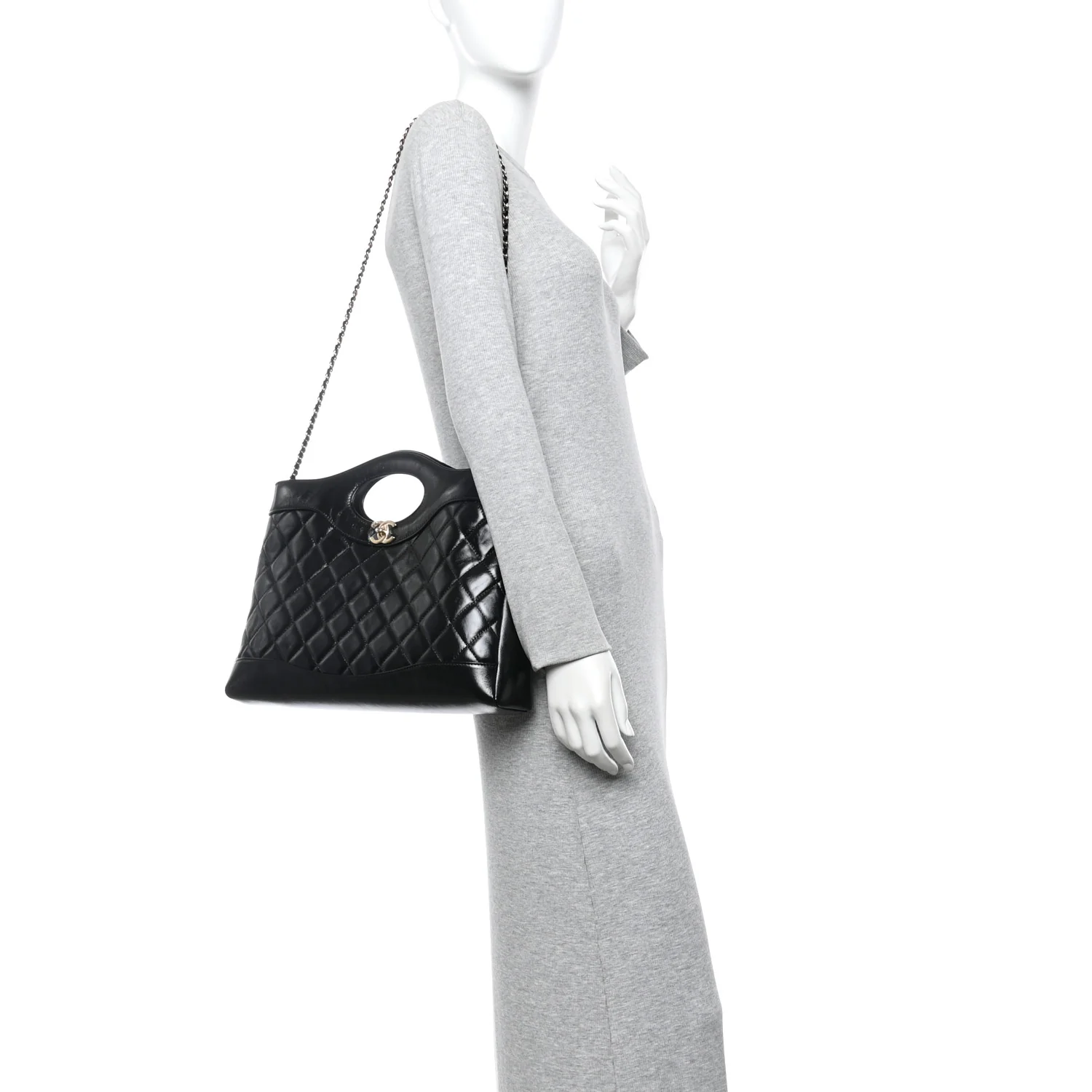 Shiny Lambskin Quilted 31 Shopping Bag Black - Image 2