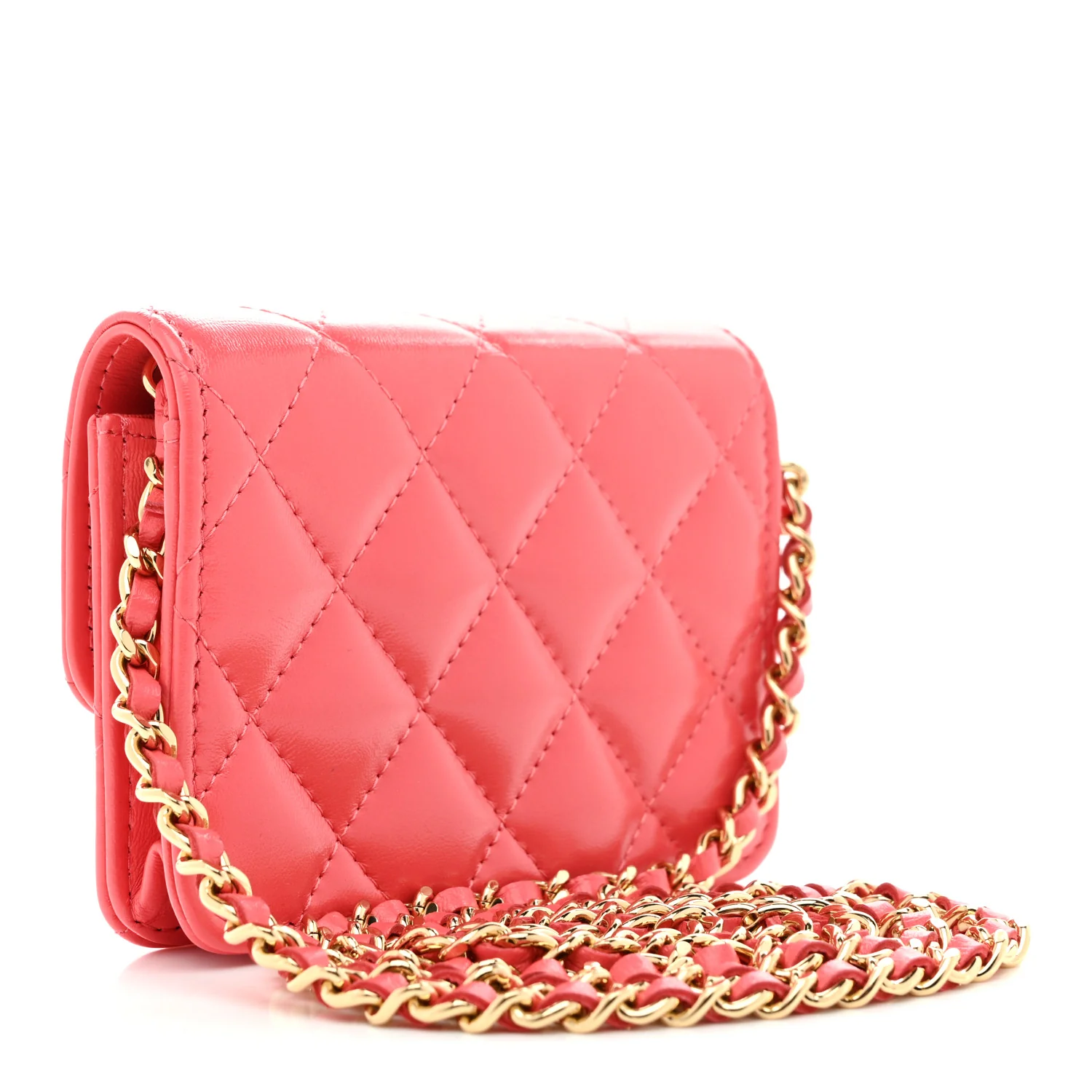 Shiny Lambskin Quilted Card Holder On Chain Pink - Image 2