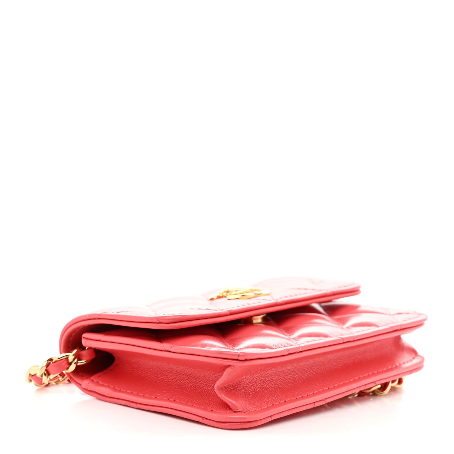 Shiny Lambskin Quilted Card Holder On Chain Pink - Image 3