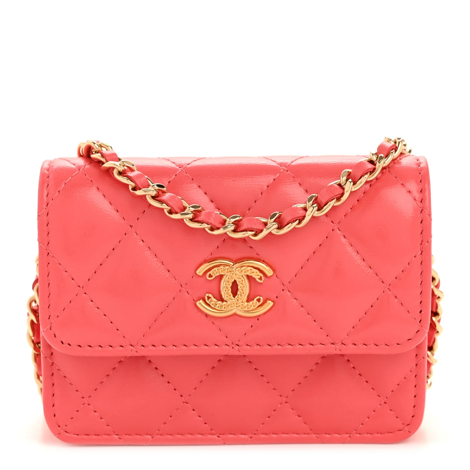 Shiny Lambskin Quilted Card Holder On Chain Pink