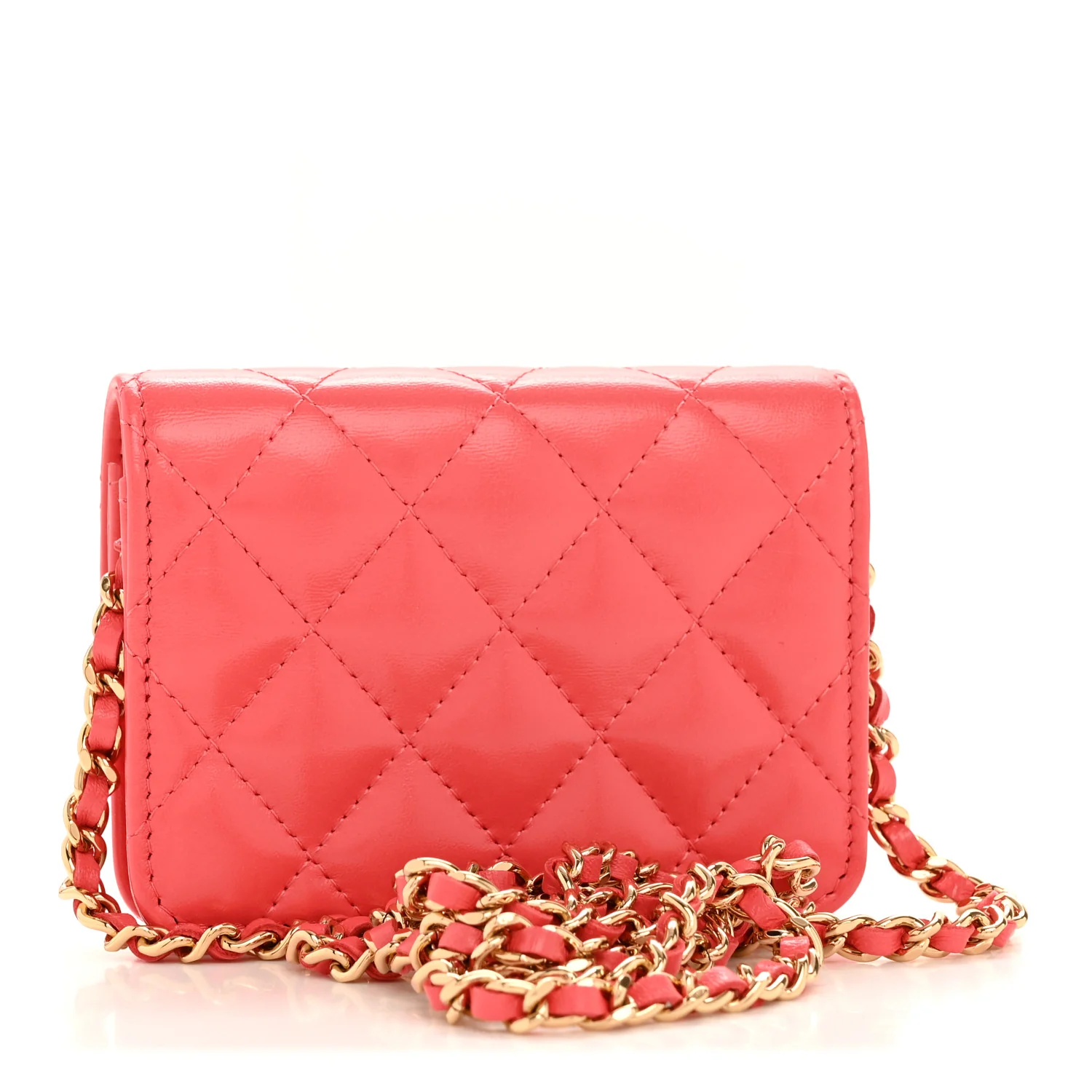 Shiny Lambskin Quilted Card Holder On Chain Pink - Image 3