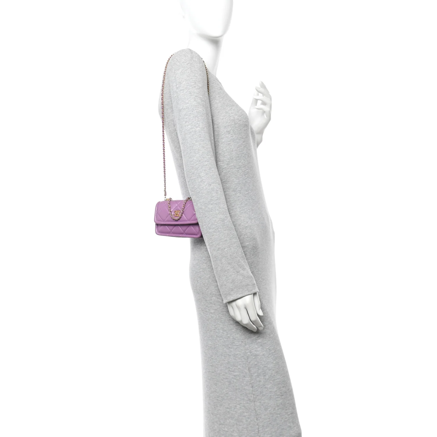 Shiny Lambskin Quilted Extra Mini Flap Purple - Image 2