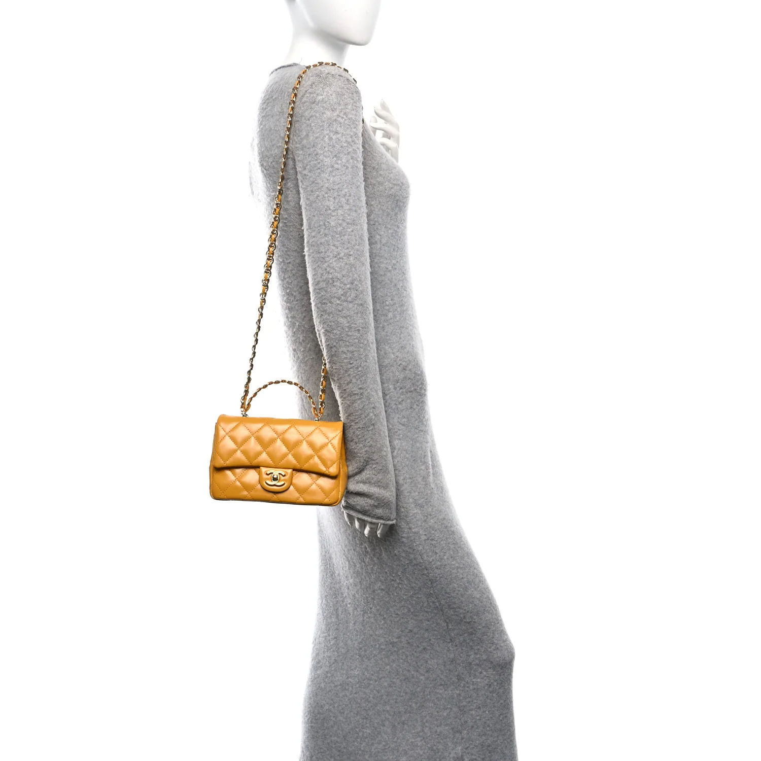 Shiny Lambskin Quilted Golden Links Top Handle Flap Yellow - Image 2