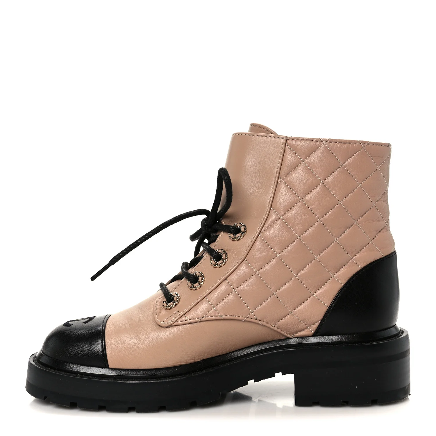 Shiny Lambskin Quilted Lace Up Combat Boots 36 Beige Black