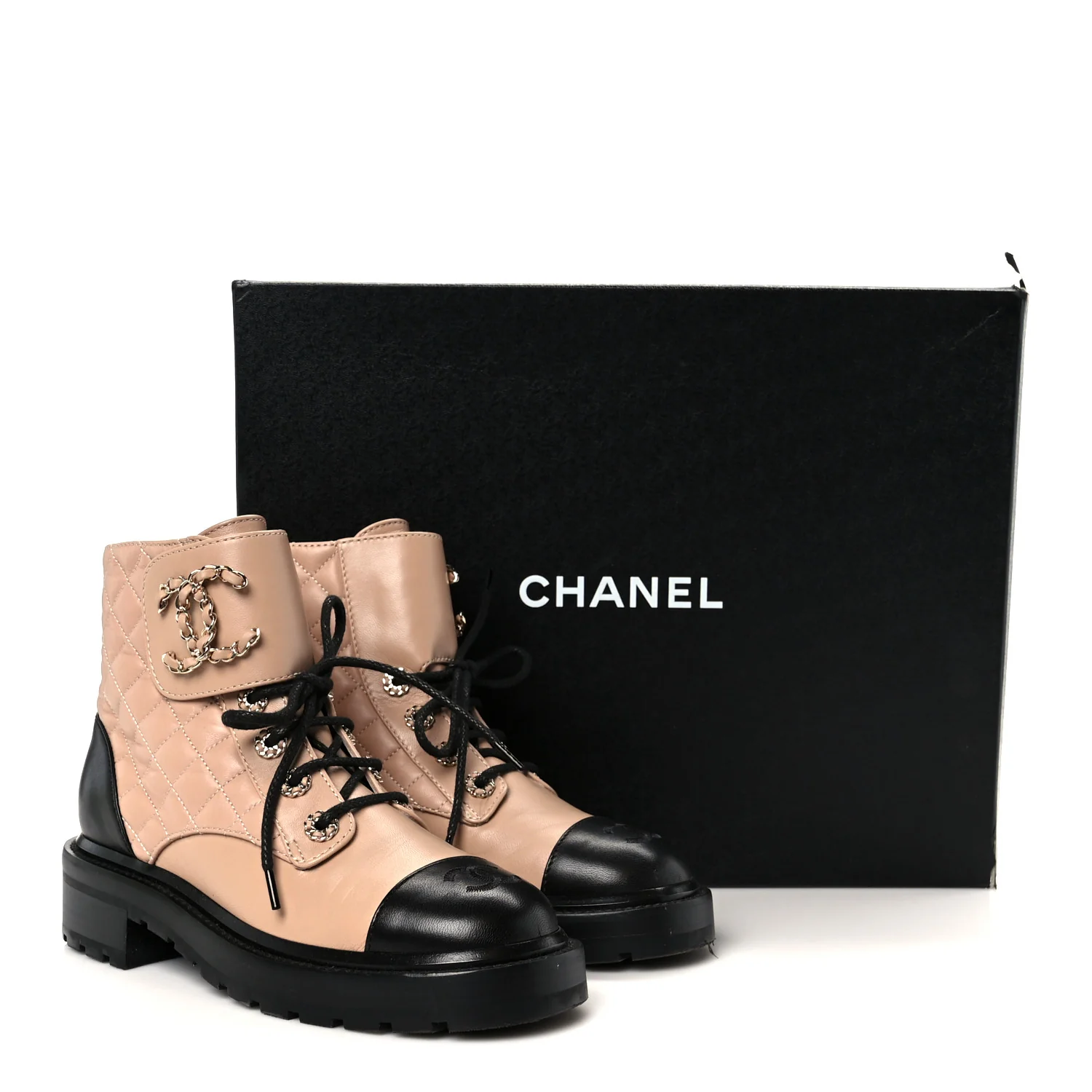 Shiny Lambskin Quilted Lace Up Combat Boots 36 Beige Black - Image 12