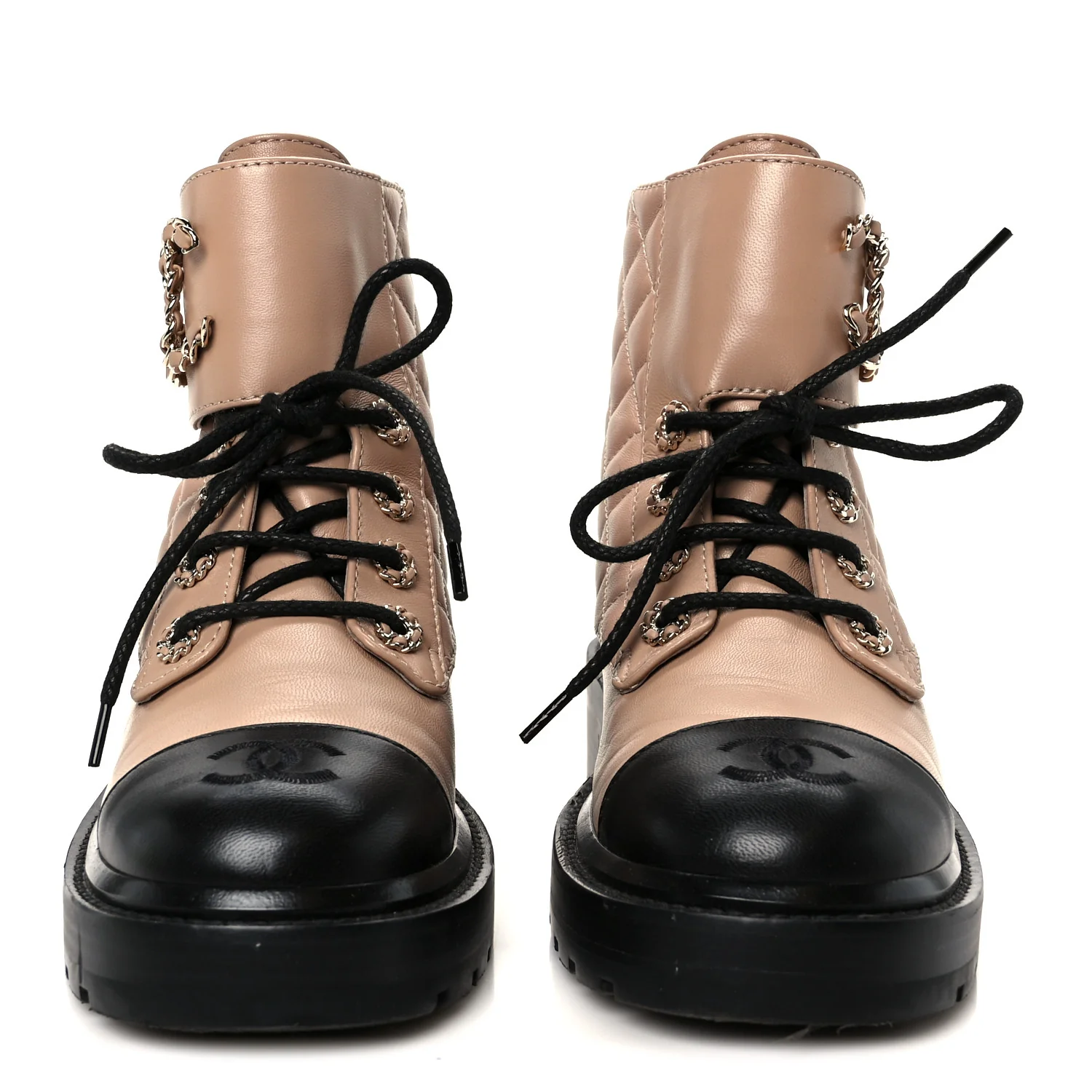 Shiny Lambskin Quilted Lace Up Combat Boots 36 Beige Black - Image 3