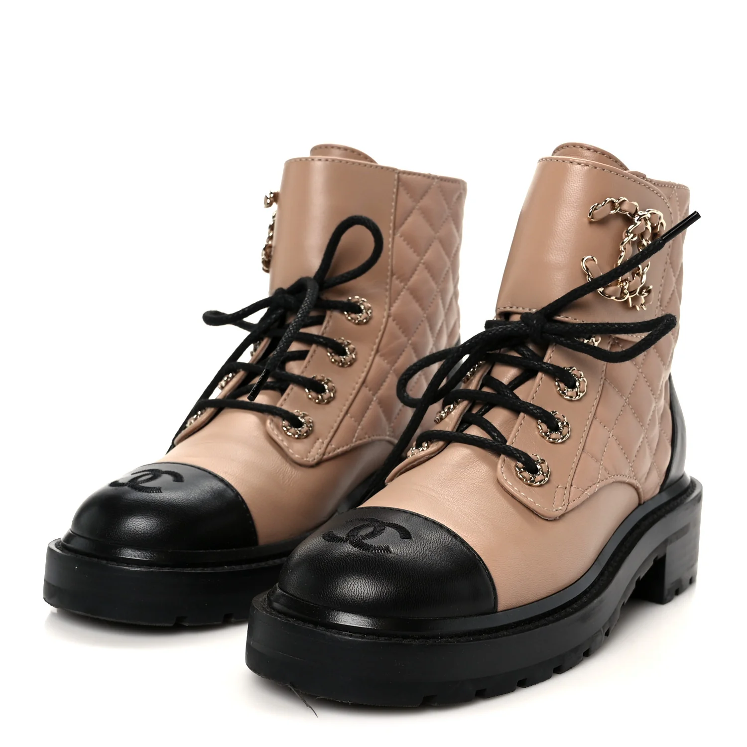 Shiny Lambskin Quilted Lace Up Combat Boots 36 Beige Black - Image 4