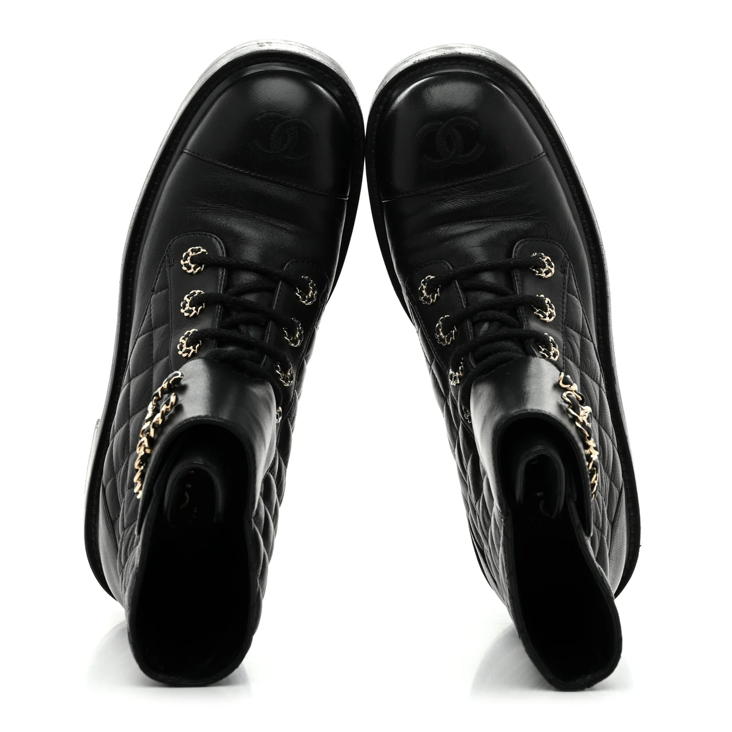 Shiny Lambskin Quilted Lace Up Combat Boots 38 Black - Image 2