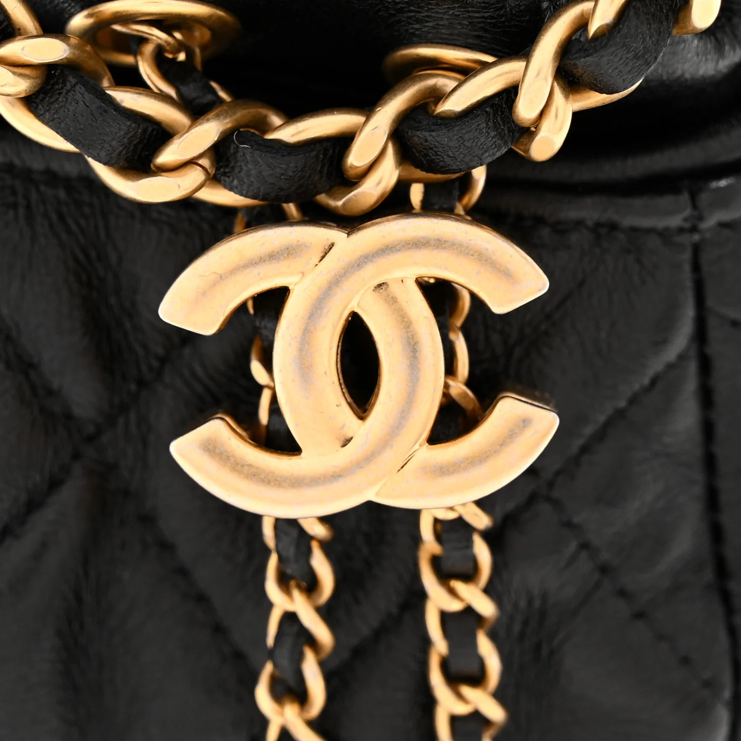 Shiny Lambskin Quilted Mini Drawstring CC Bucket Bag Black - Image 11