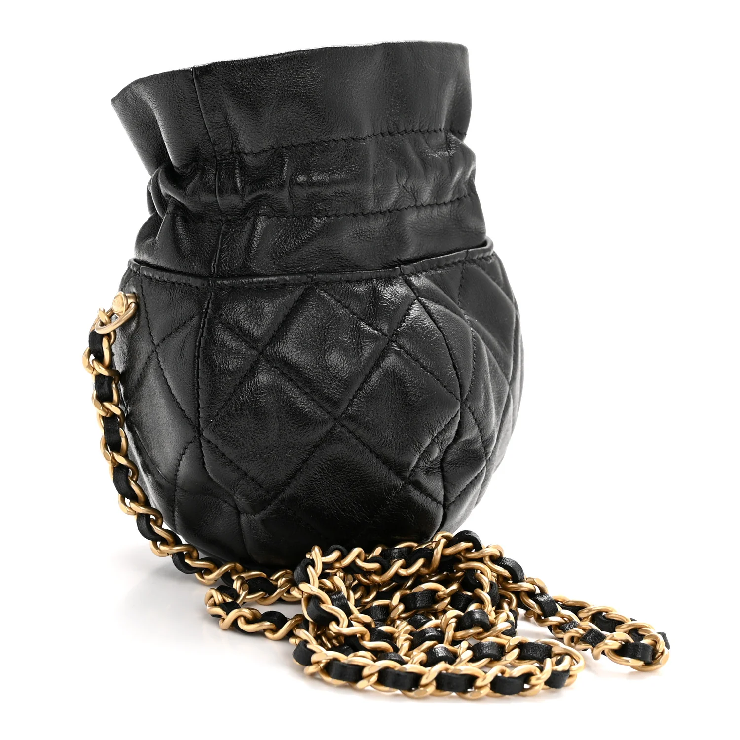 Shiny Lambskin Quilted Mini Drawstring CC Bucket Bag Black - Image 3