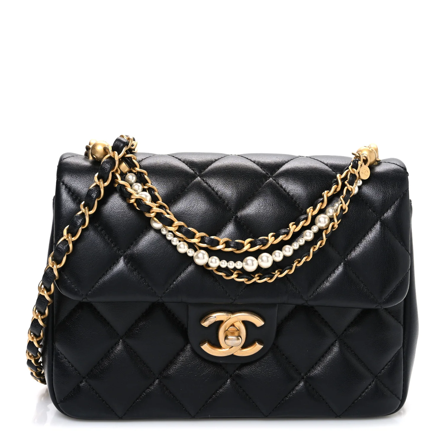 Shiny Lambskin Quilted Pearl Twist Mini Square Flap Black