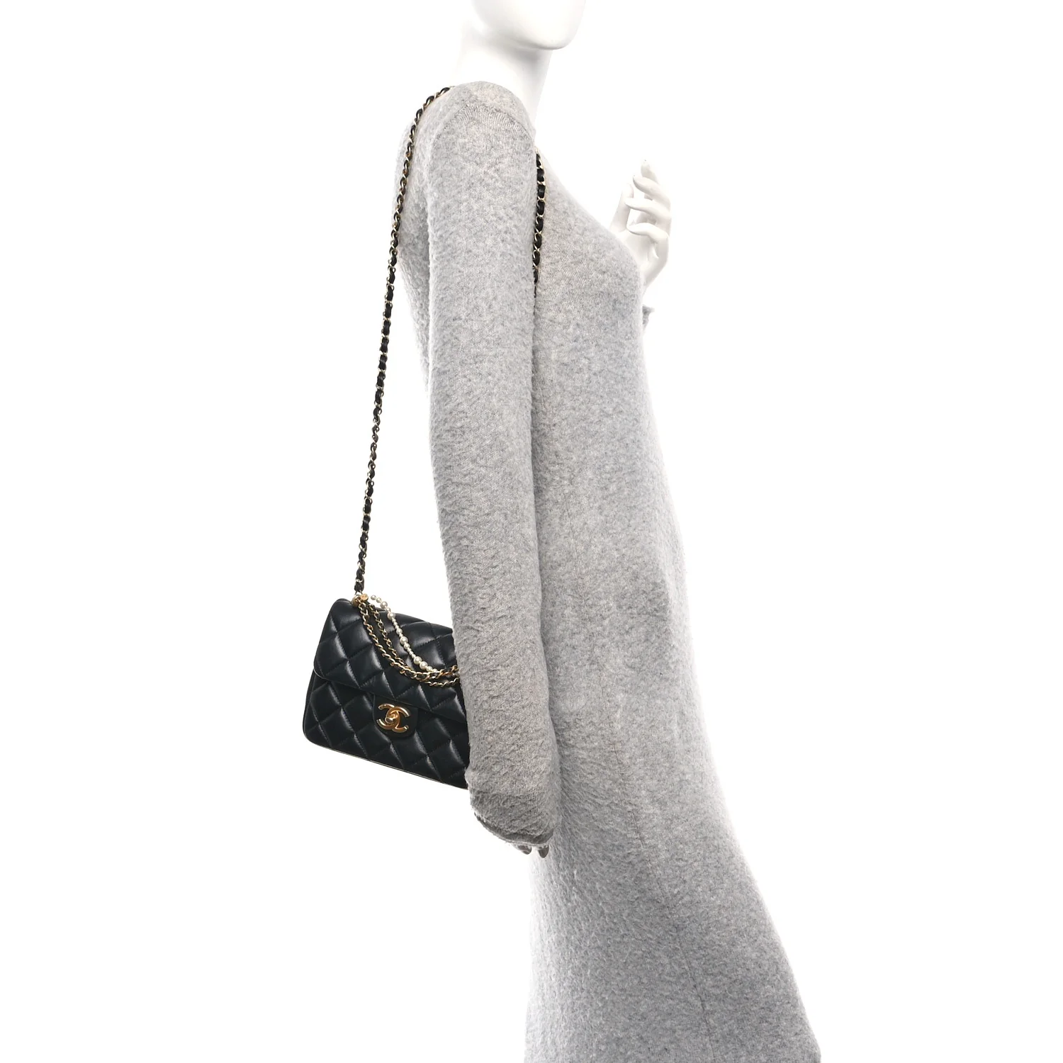 Shiny Lambskin Quilted Pearl Twist Mini Square Flap Black - Image 2