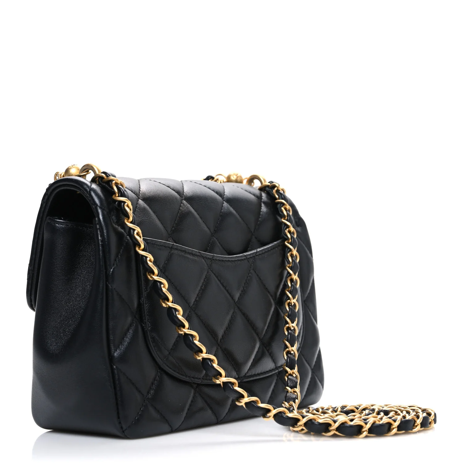 Shiny Lambskin Quilted Pearl Twist Mini Square Flap Black - Image 3