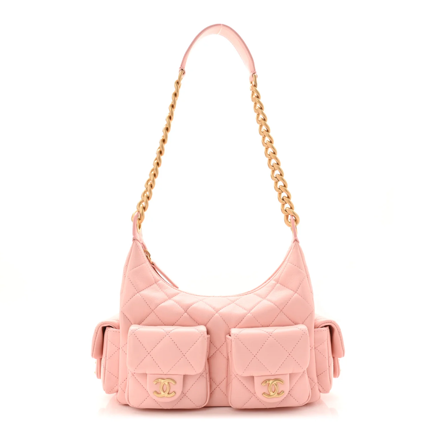 Shiny Lambskin Quilted Trendy Pockets Hobo Light Pink