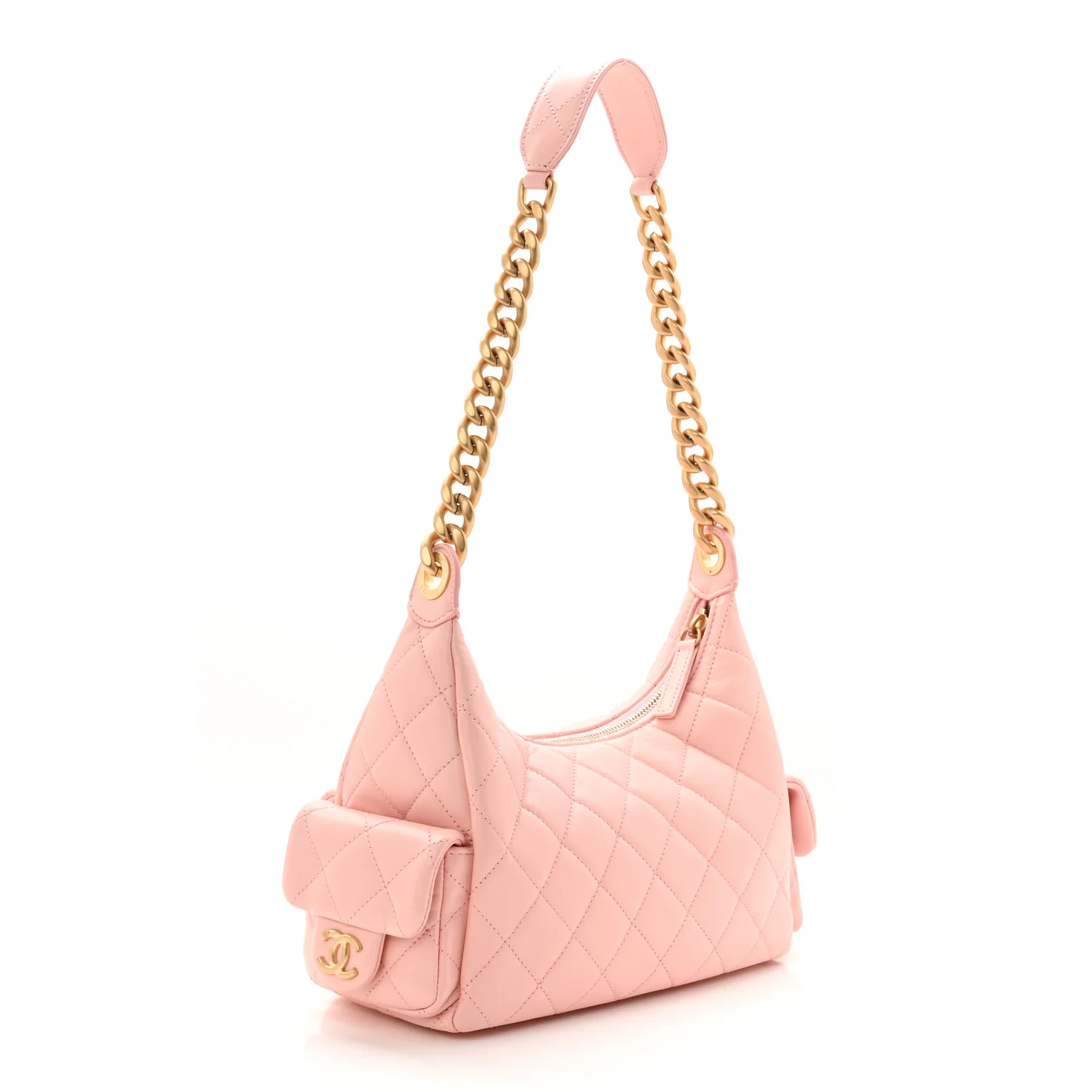 Shiny Lambskin Quilted Trendy Pockets Hobo Light Pink - Image 3