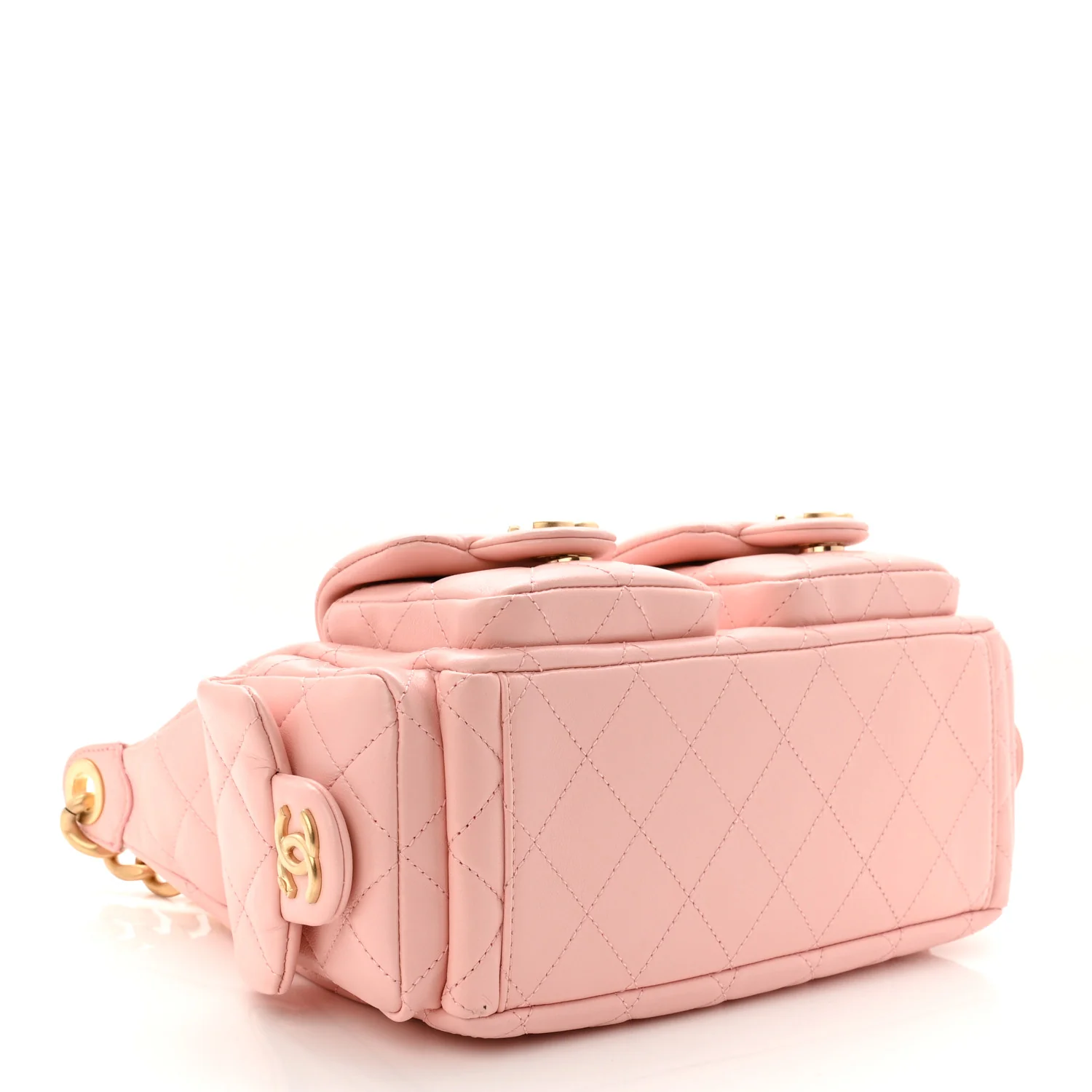 Shiny Lambskin Quilted Trendy Pockets Hobo Light Pink - Image 4