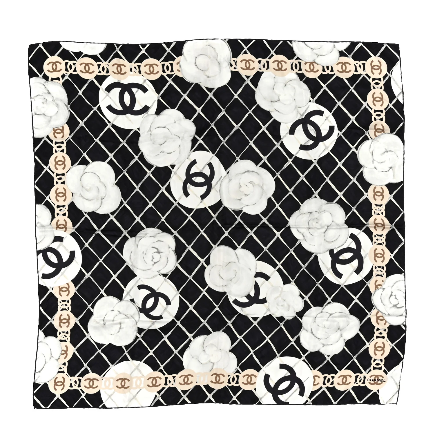 Silk Camellia CC Square Scarf Black