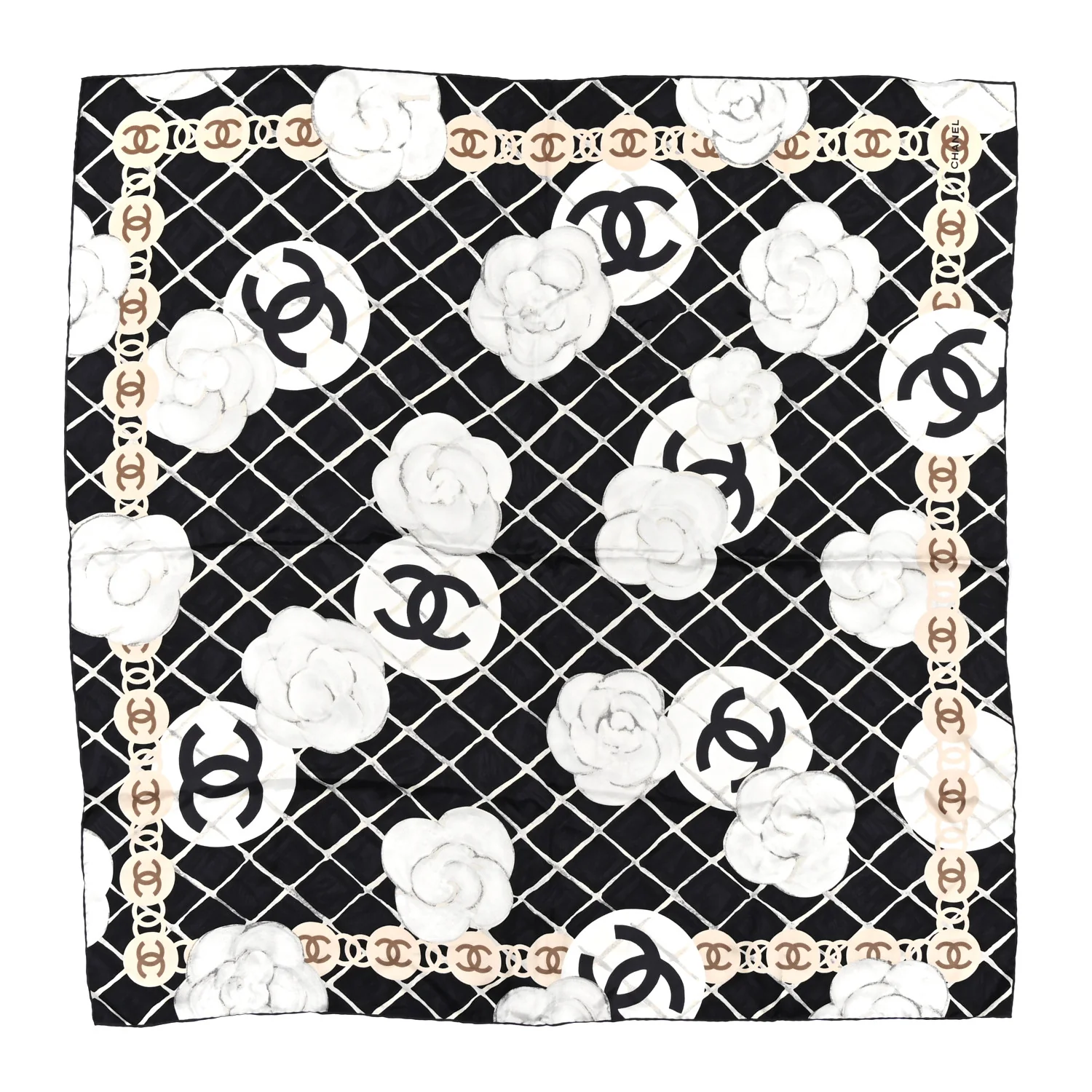 Silk Camellia CC Square Scarf Black