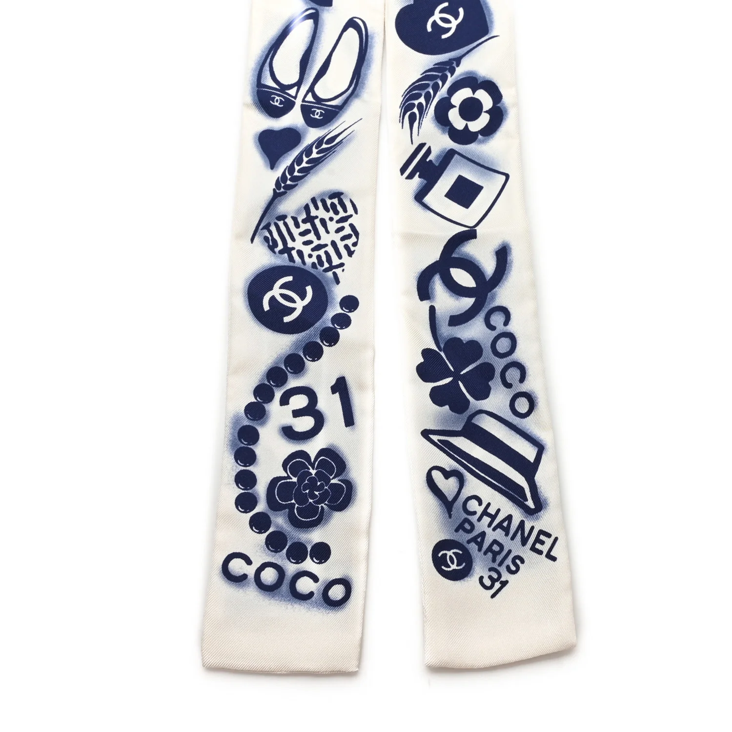 Silk CC Slim Bandeau Scarf White Blue - Image 2