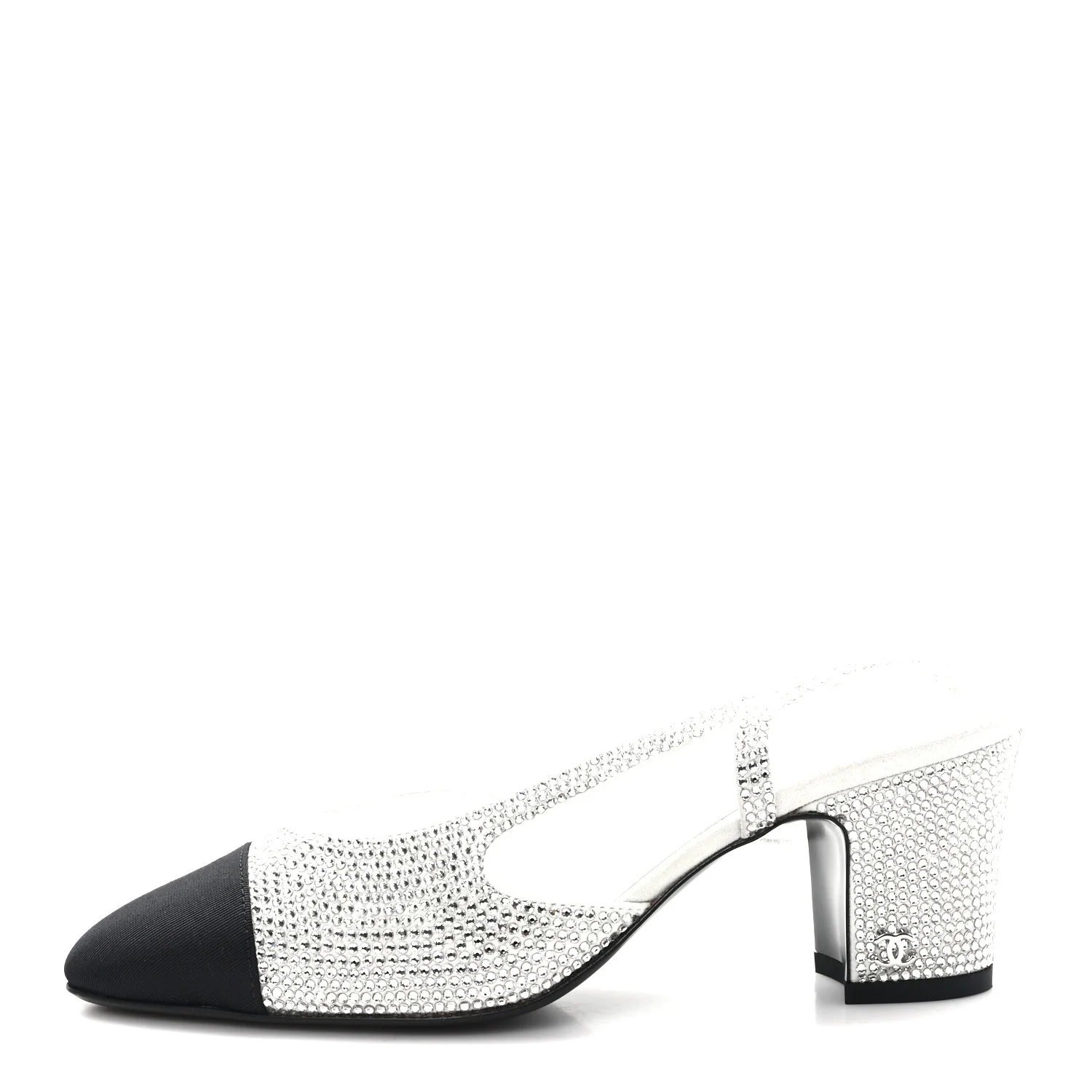 Strass Grosgrain Cap Toe CC Slingback Pumps 36 Silver Black