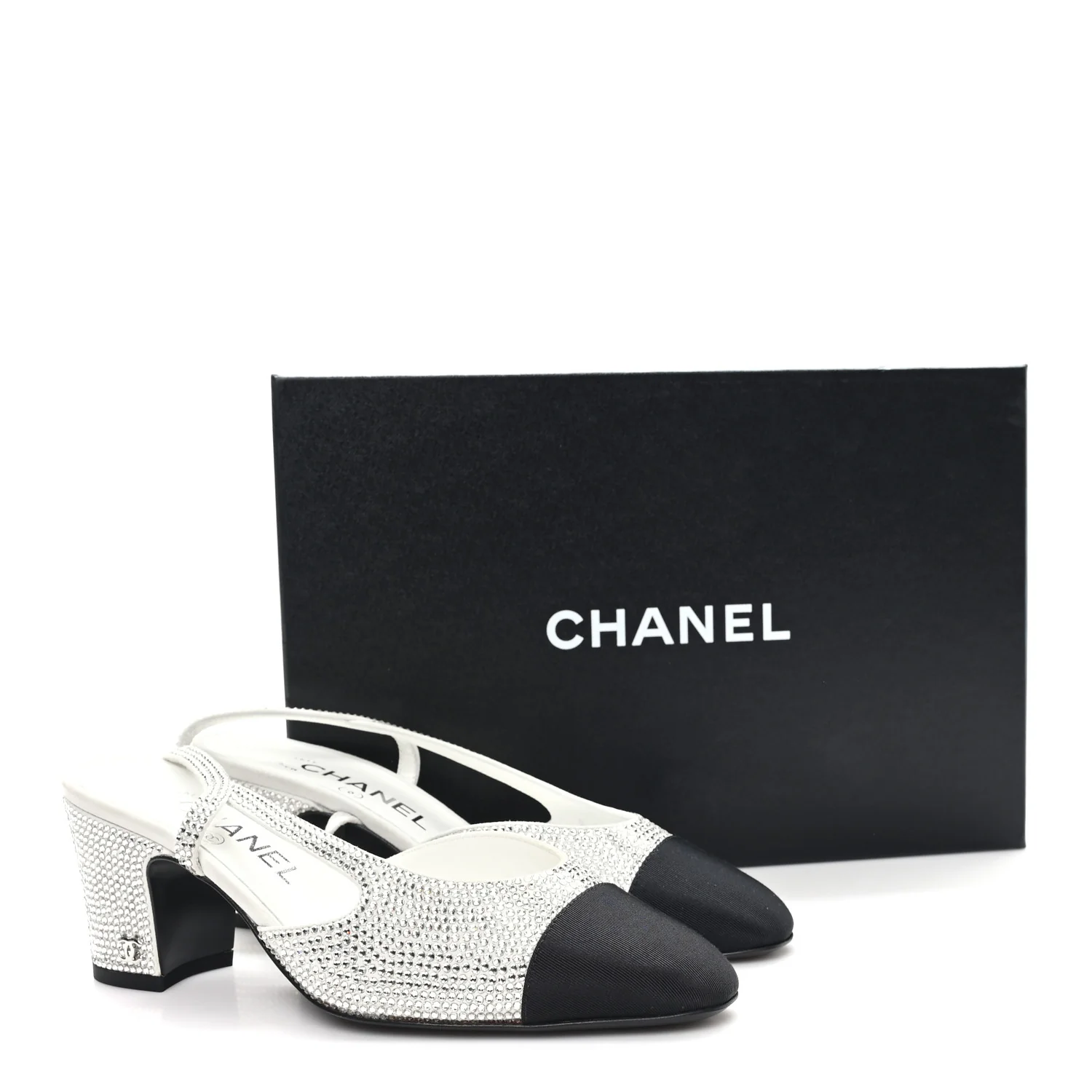 Strass Grosgrain Cap Toe CC Slingback Pumps 36 Silver Black - Image 10