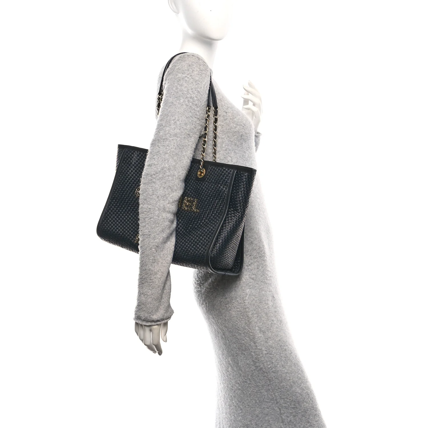 Straw Raffia Calfskin Chain Small Deauville Tote Black - Image 2