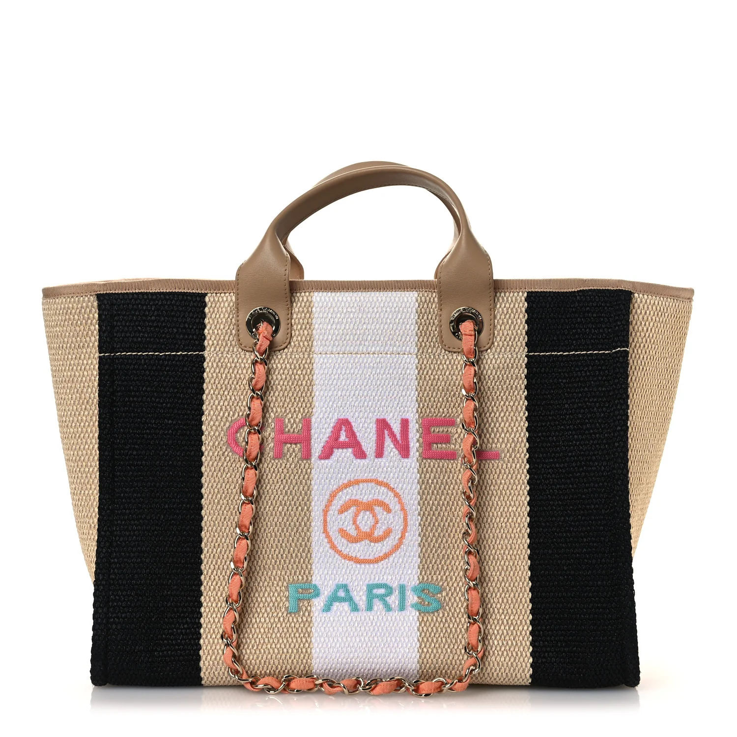 Straw Raffia Calfskin Striped Medium Deauville Tote Black Beige Ivory