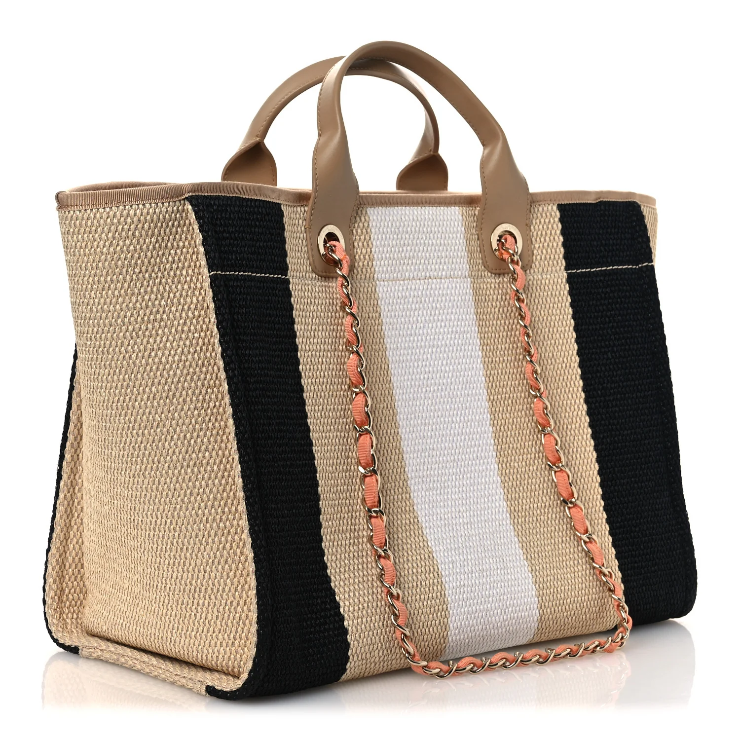 Straw Raffia Calfskin Striped Medium Deauville Tote Black Beige Ivory - Image 3