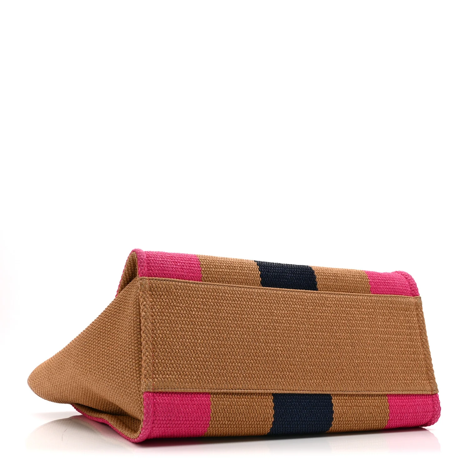 Straw Raffia Calfskin Striped Medium Deauville Tote Dark Beige Fuchsia Navy Blue - Image 4