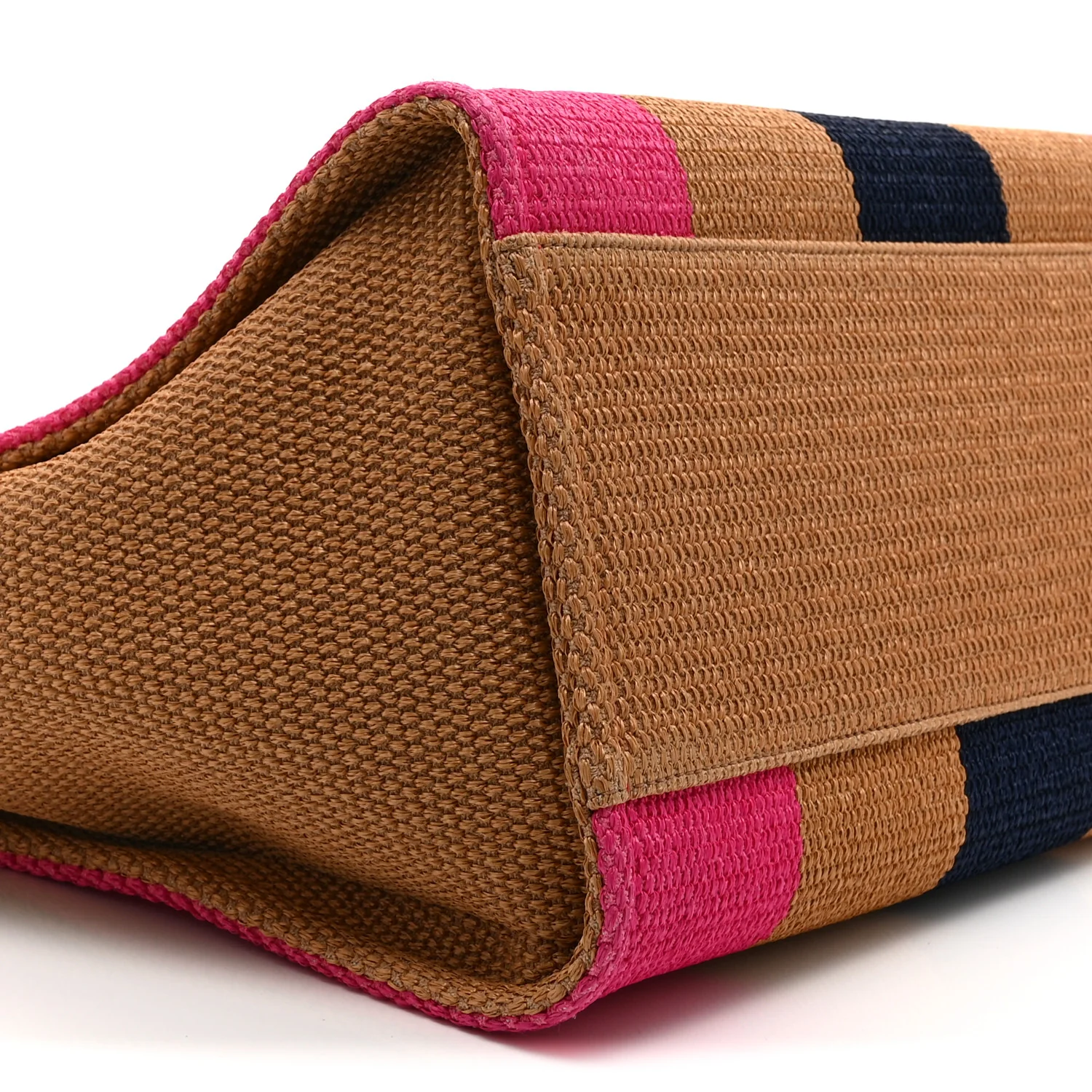Straw Raffia Calfskin Striped Medium Deauville Tote Dark Beige Fuchsia Navy Blue - Image 9