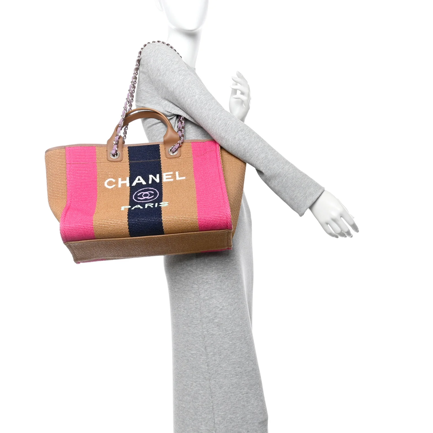 Straw Raffia Calfskin Striped Medium Deauville Tote Dark Beige Fuchsia Navy Blue - Image 2
