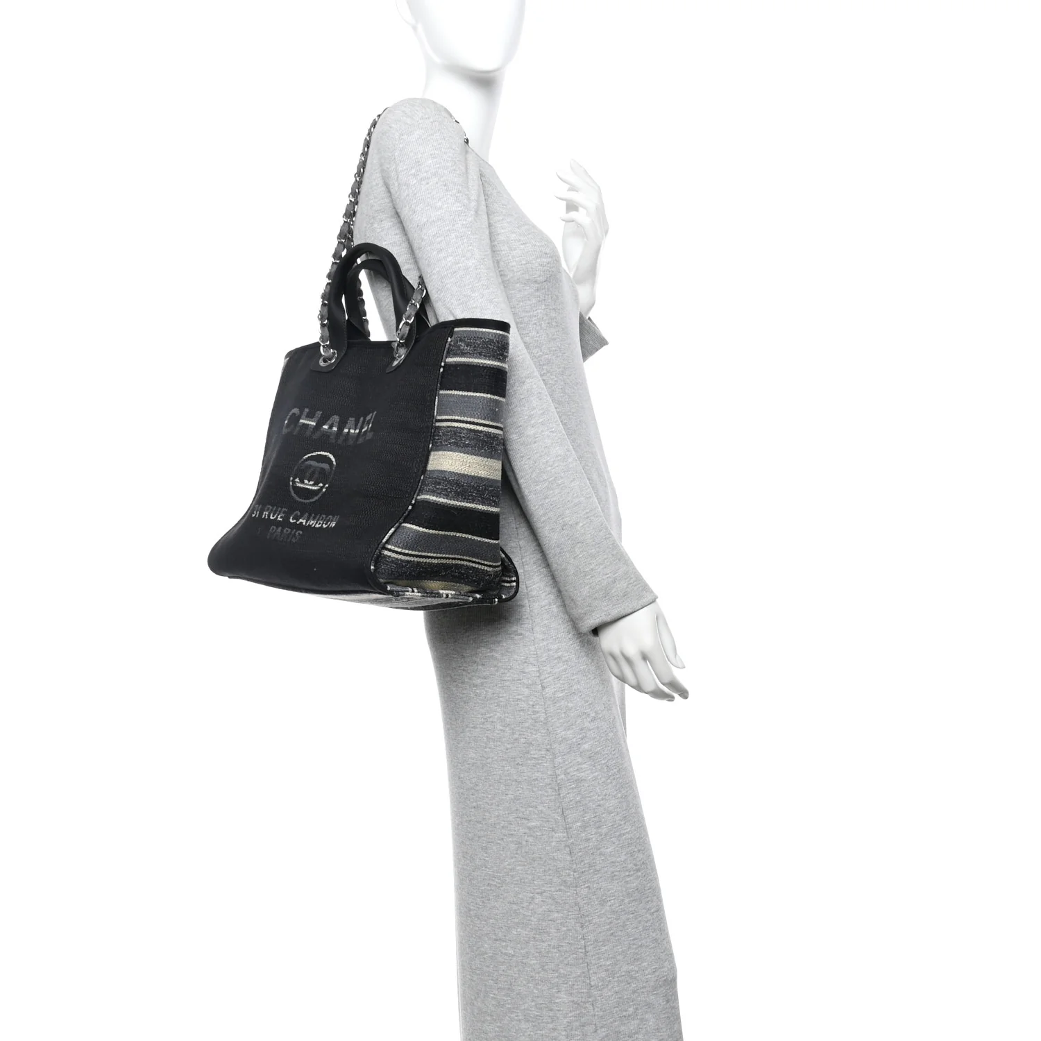 Striped Canvas Medium Deauville Tote Grey Black - Image 2
