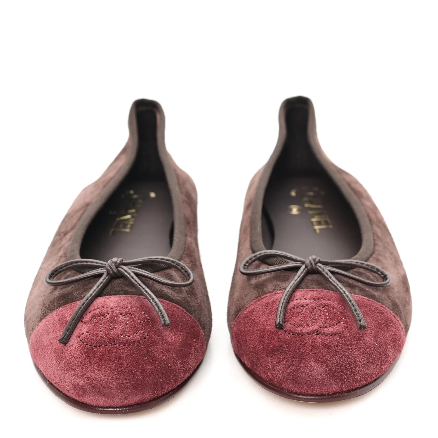 Suede Calfskin Cap Toe CC Ballerina Flats 38.5 Dark Brown Burgundy - Image 2