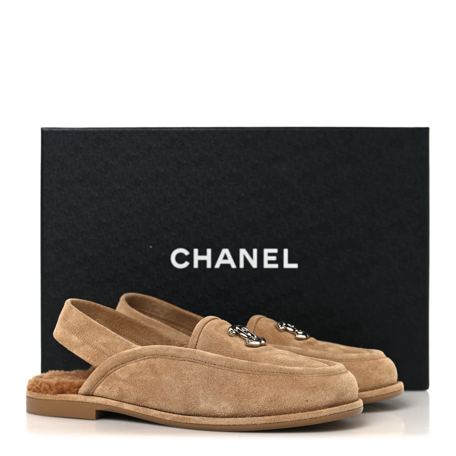 Suede Calfskin CC Slingback Loafers 35 Dark Beige - Image 10