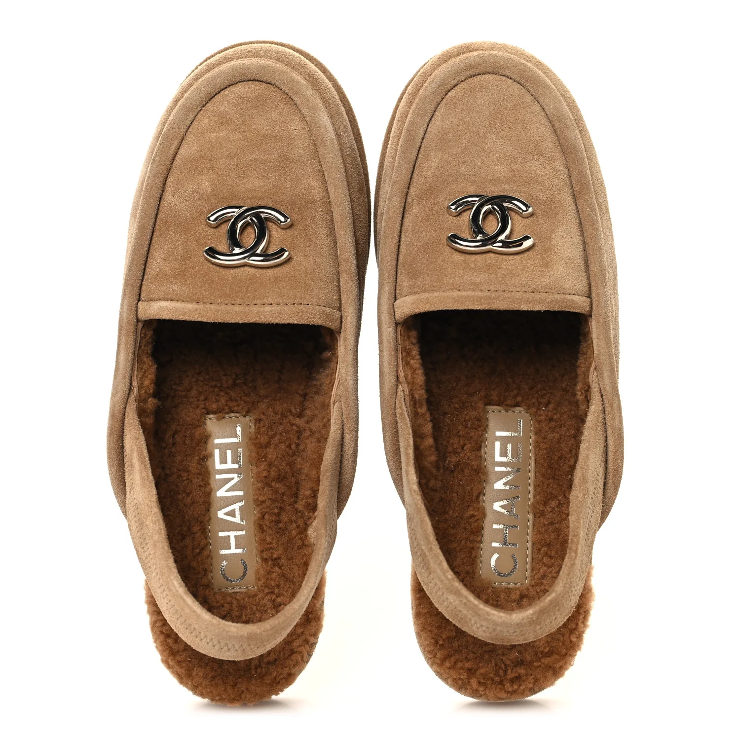 Suede Calfskin CC Slingback Loafers 35 Dark Beige - Image 2