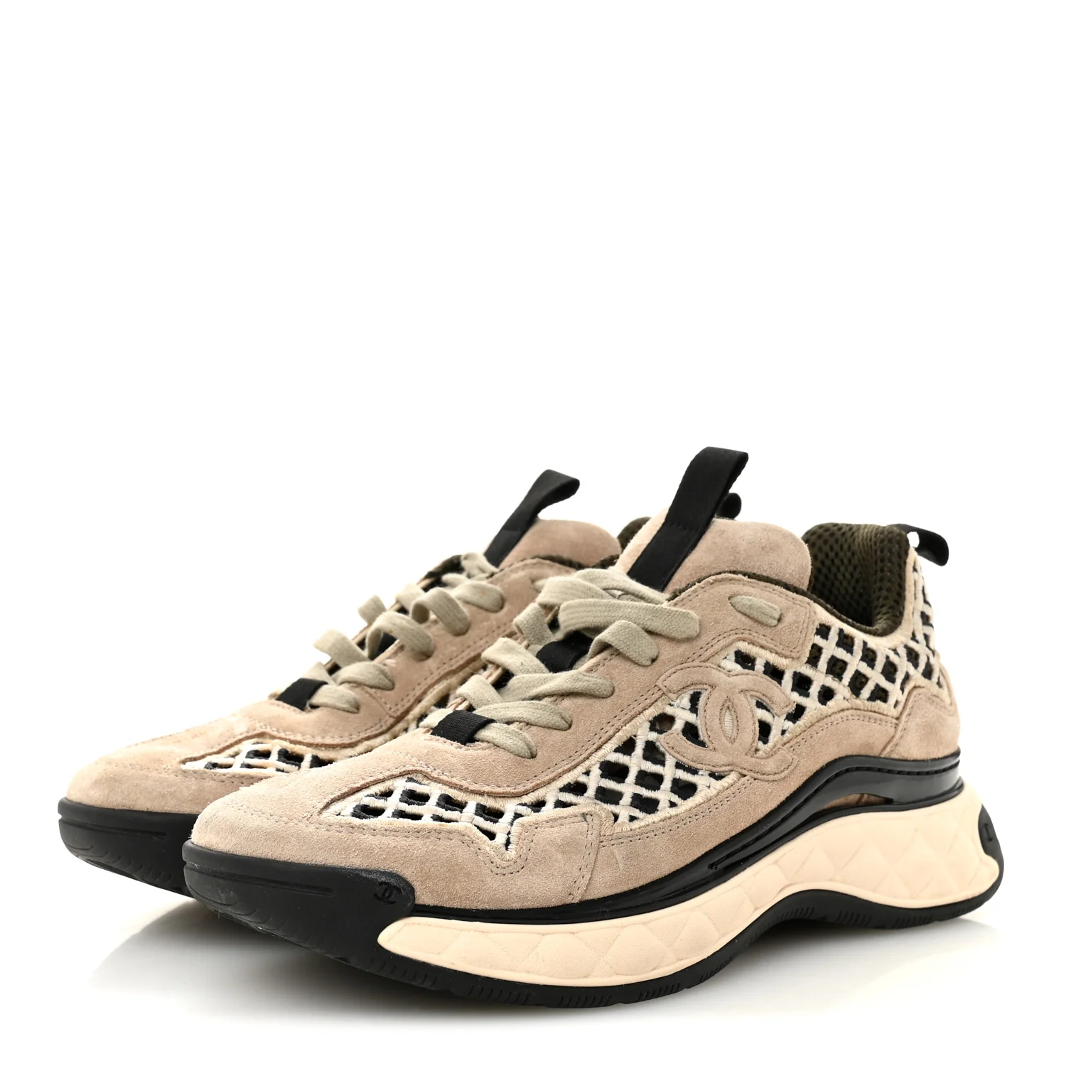 Suede Calfskin Embroidered CC Sneakers 39 Beige Black - Image 4
