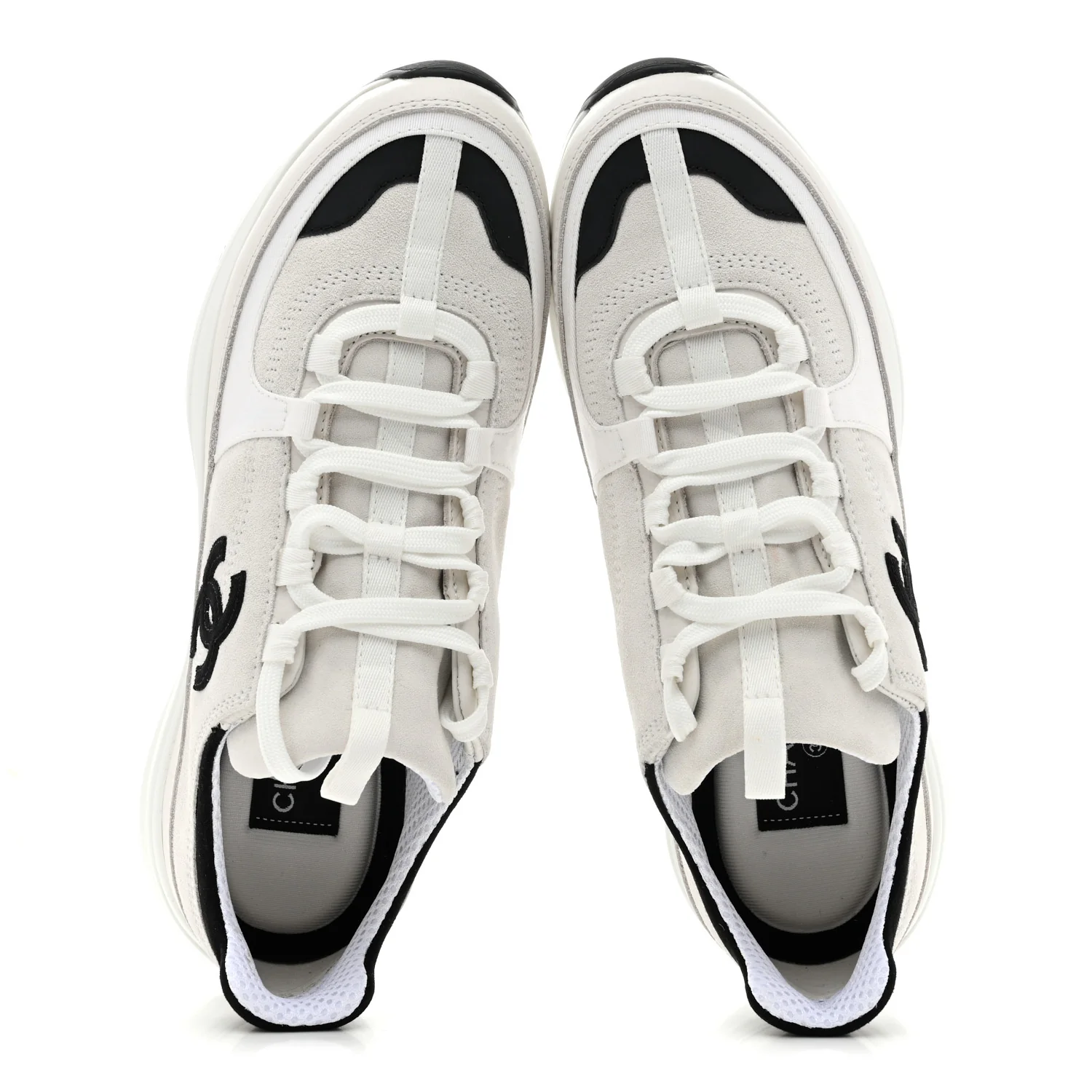 Suede Calfskin Grosgrain Womens CC Sneakers 39.5 White Black - Image 2