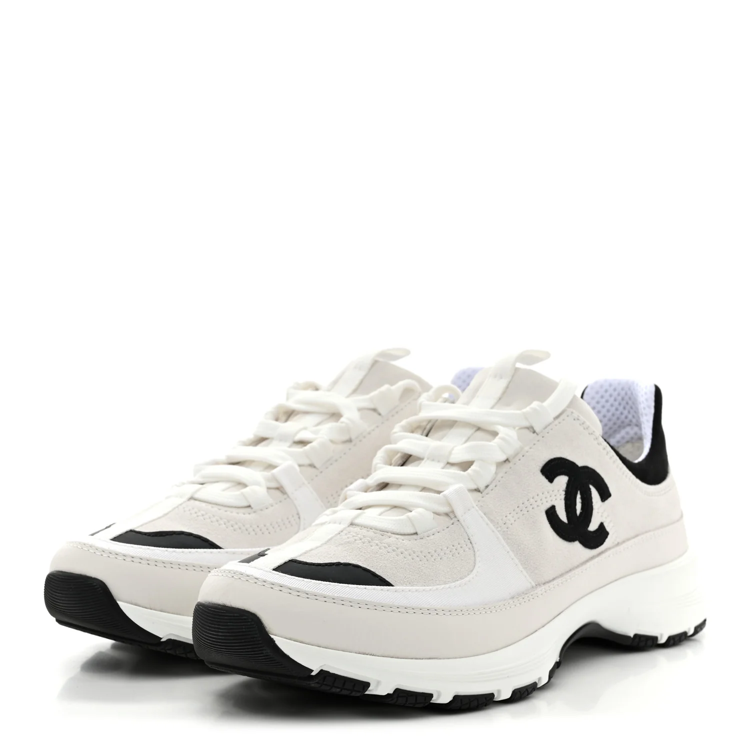 Suede Calfskin Grosgrain Womens CC Sneakers 39.5 White Black - Image 4