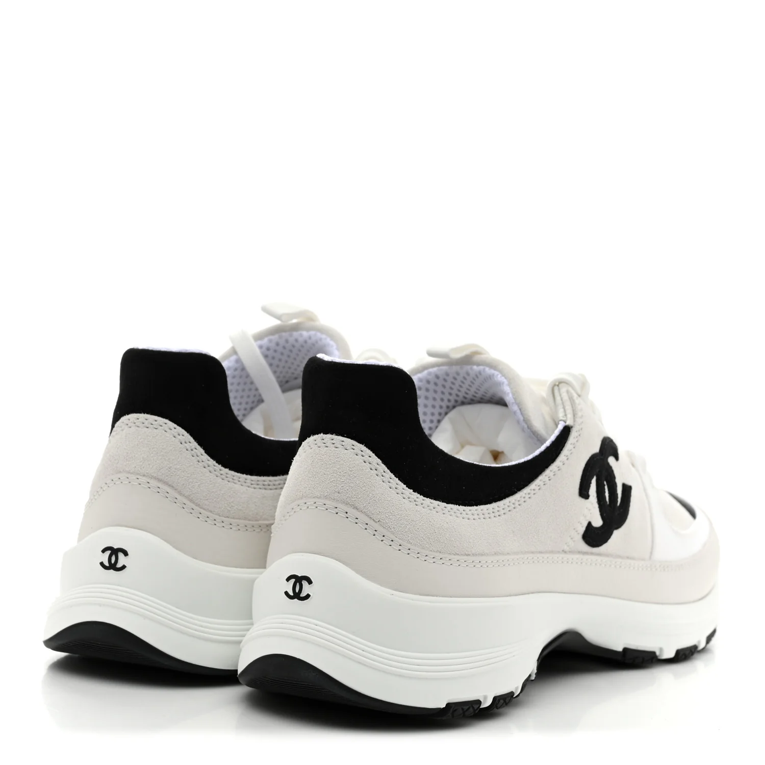 Suede Calfskin Grosgrain Womens CC Sneakers 39.5 White Black - Image 5