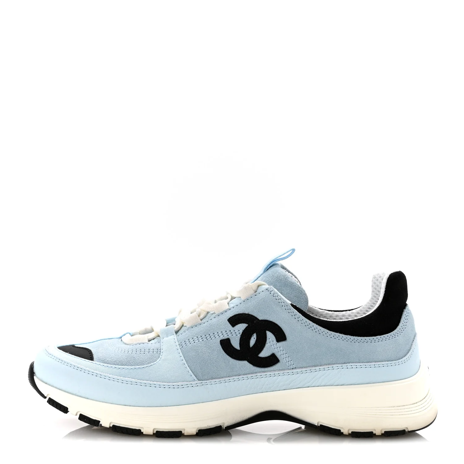 Suede Calfskin Grosgrain Womens CC Sneakers 40 Light Blue Black