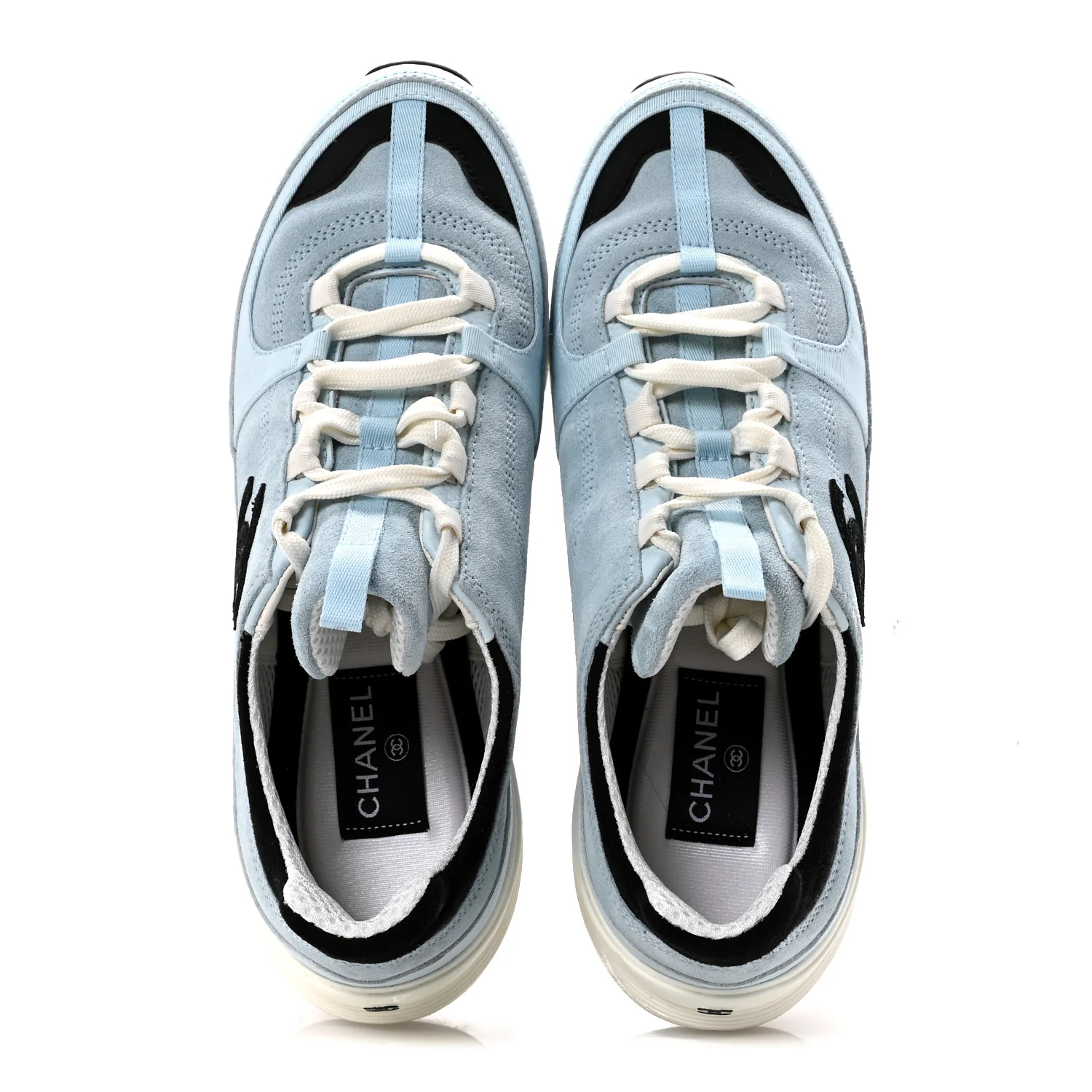 Suede Calfskin Grosgrain Womens CC Sneakers 40 Light Blue Black - Image 2